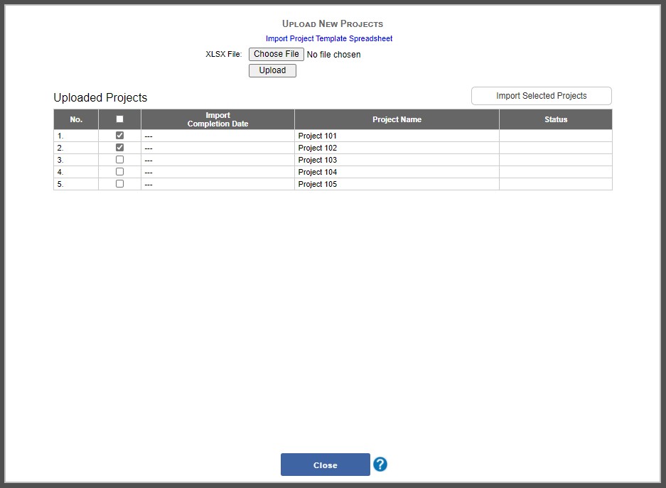 Upload New Projects window in project-select mode